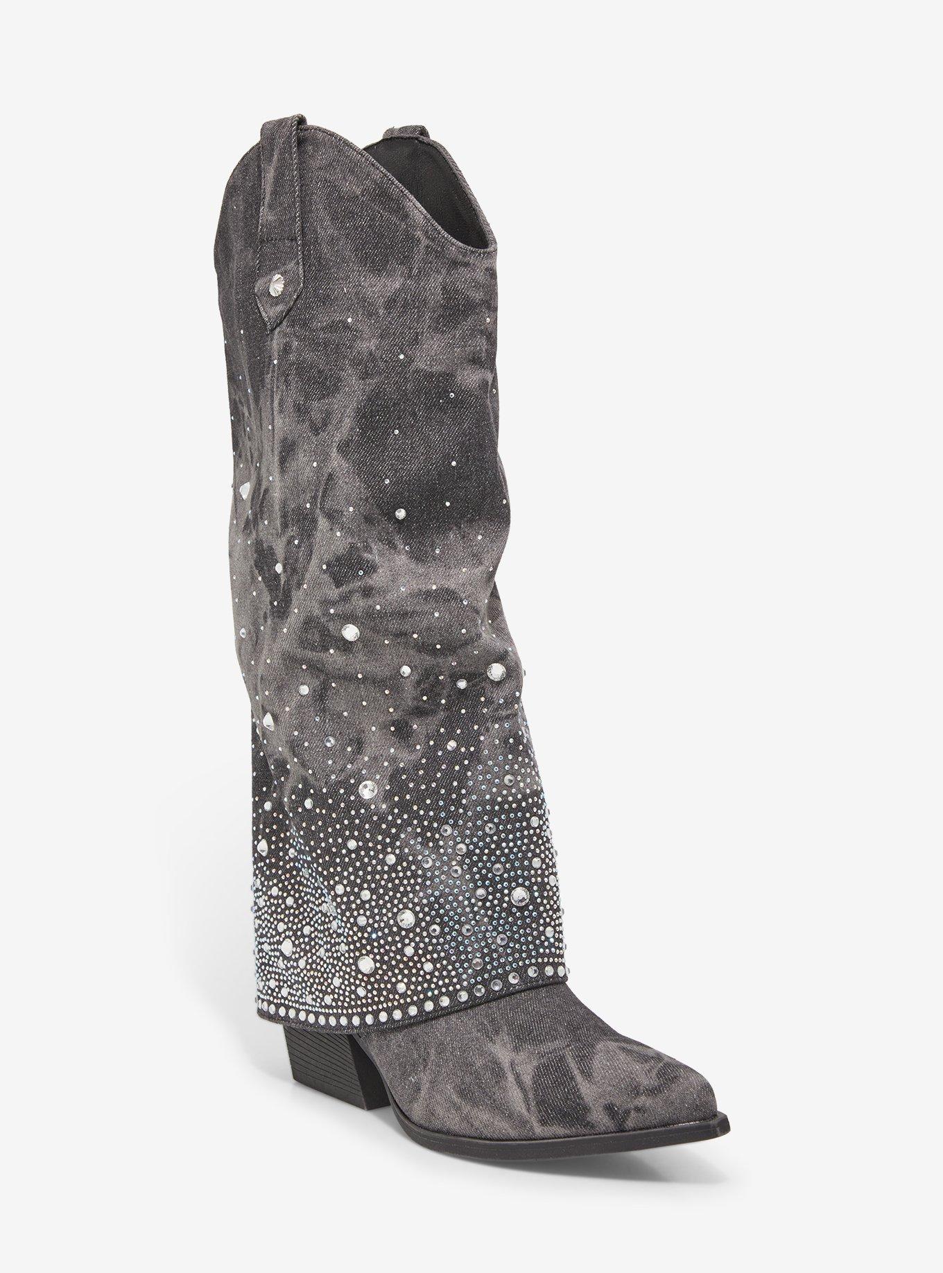 Yoki Black Wash Rhinestone Cowboy Boots, , hi-res