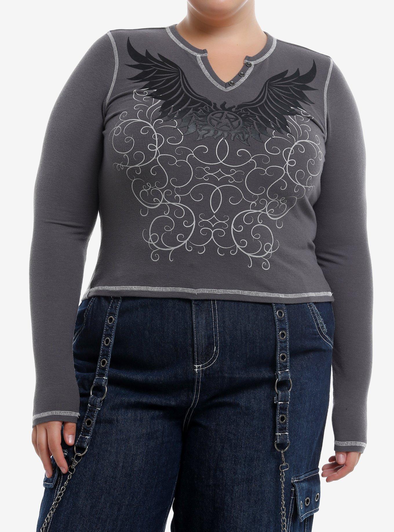 Supernatural Anti-Possession Symbol Girls Henley Long-Sleeve Top Plus Size, GREY, hi-res