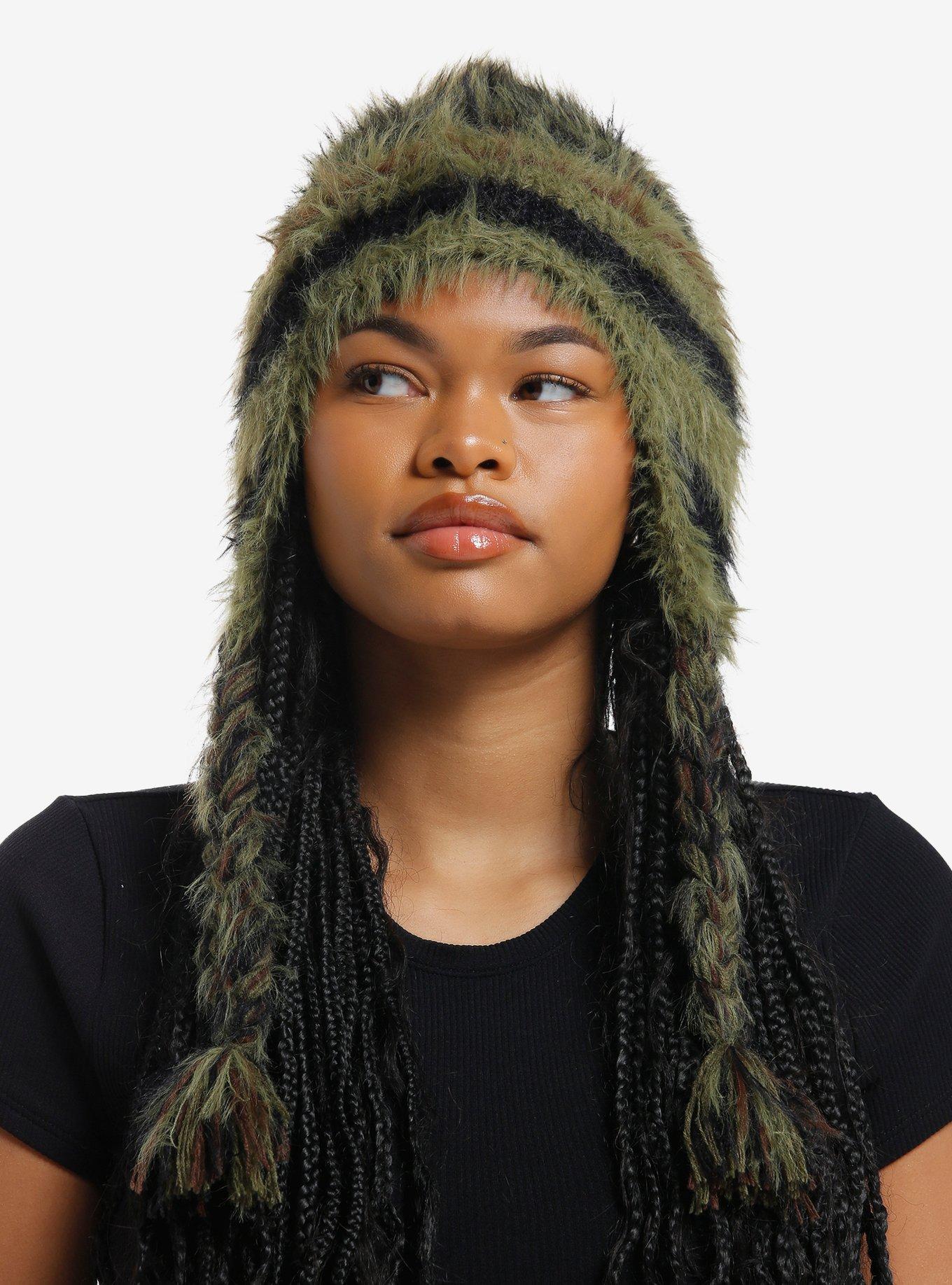 Green Stripe Star Fuzzy Tassel Beanie, , hi-res