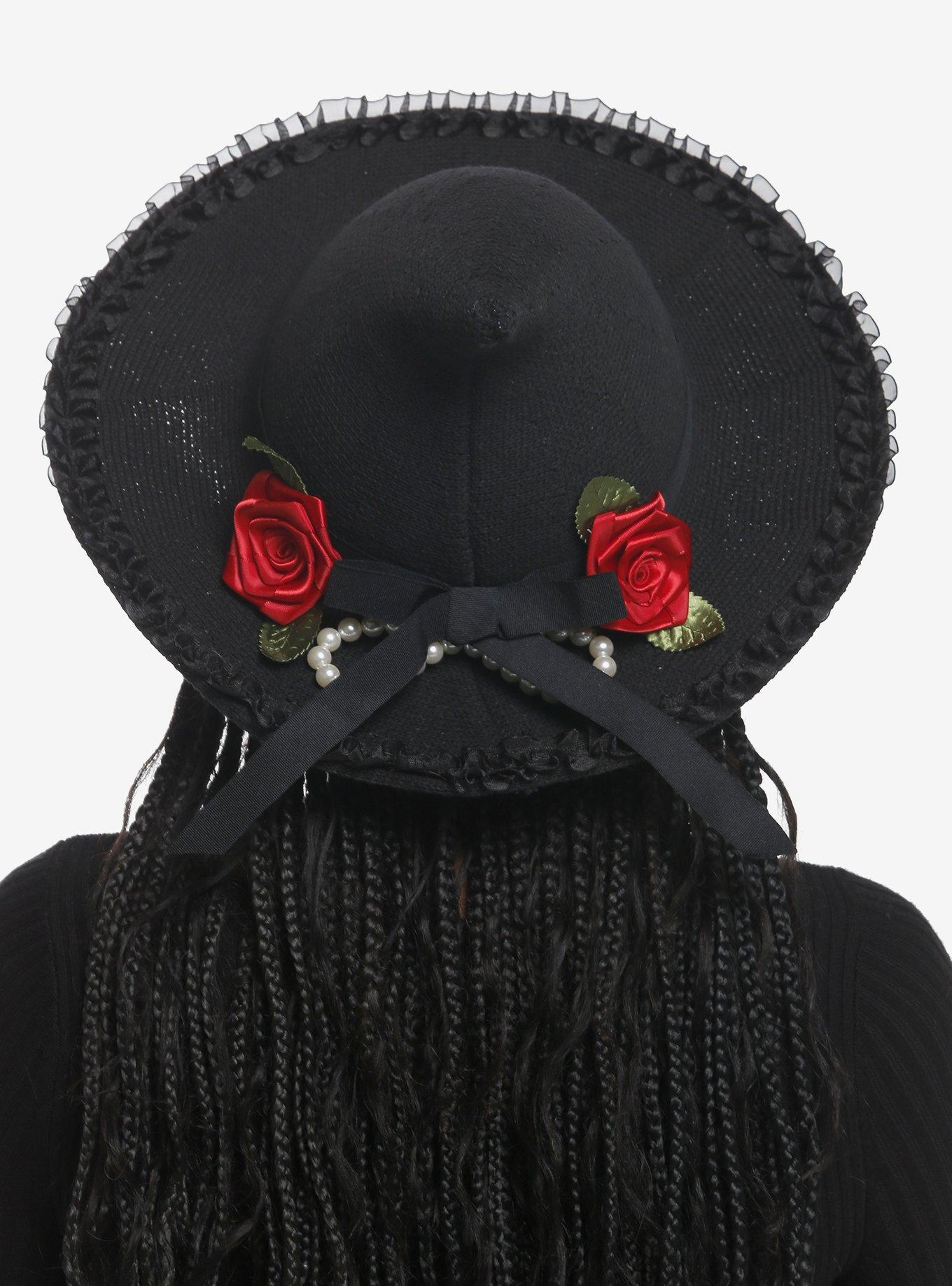 Black Rose Pearl Bow Lace Witch Hat, , hi-res