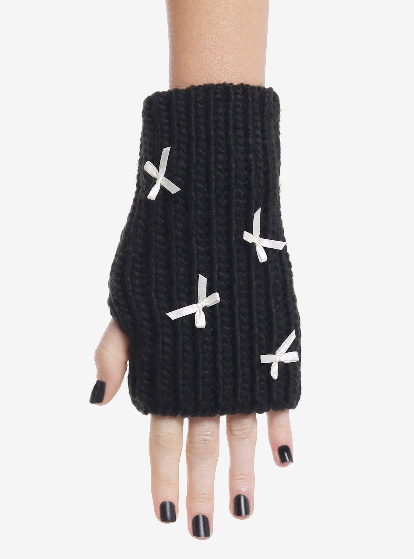 Black Chunky Knit White Ribbon Fingerless Gloves, , hi-res