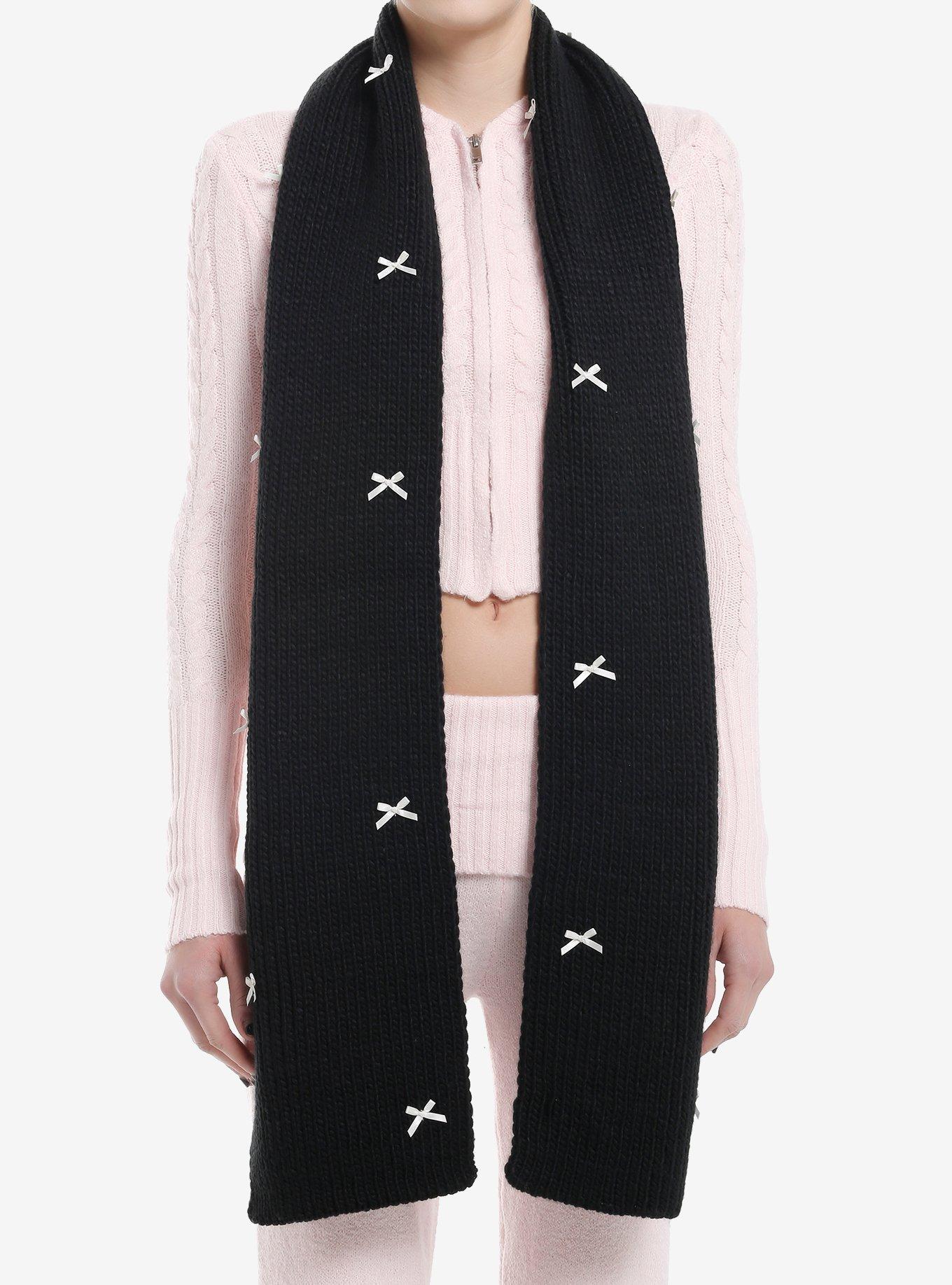 Black & Pastel Pink Bows Knit Scarf, , hi-res