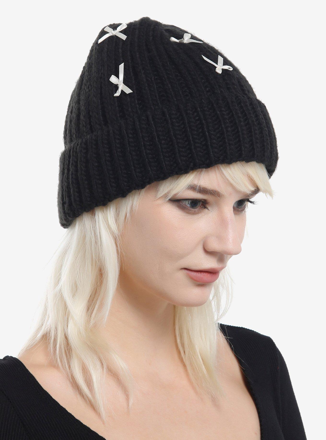 Black Chunky Knit White Ribbon Beanie, , hi-res