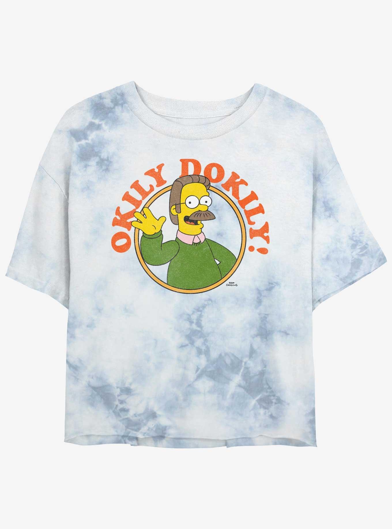 The Simpsons Okily Dokily Ned Flanders Tie-Dye Womens Crop T-Shirt, WHITEBLUE, hi-res