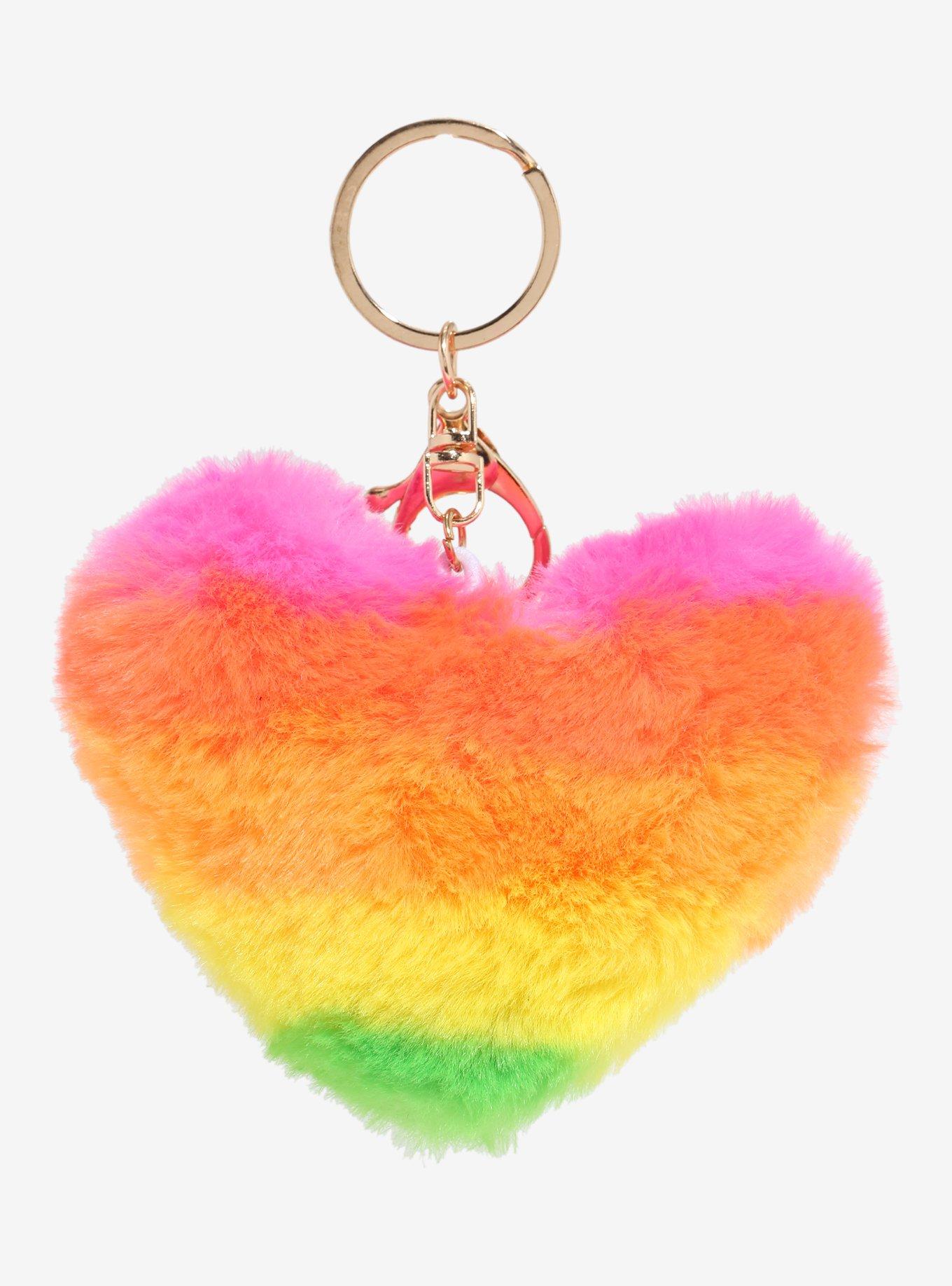 Rainbow Stripe Fuzzy Heart Plush Key Chain | Hot Topic