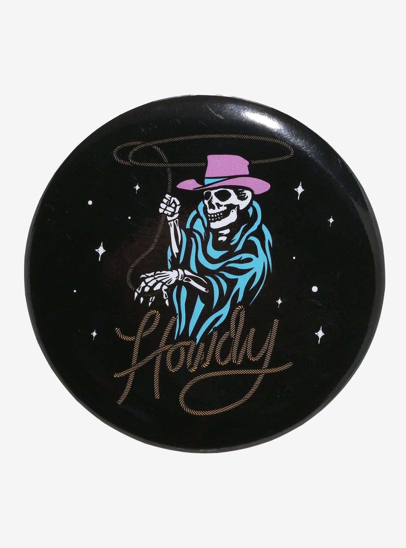 Howdy Skeleton Cowboy 3 Inch Button, , hi-res