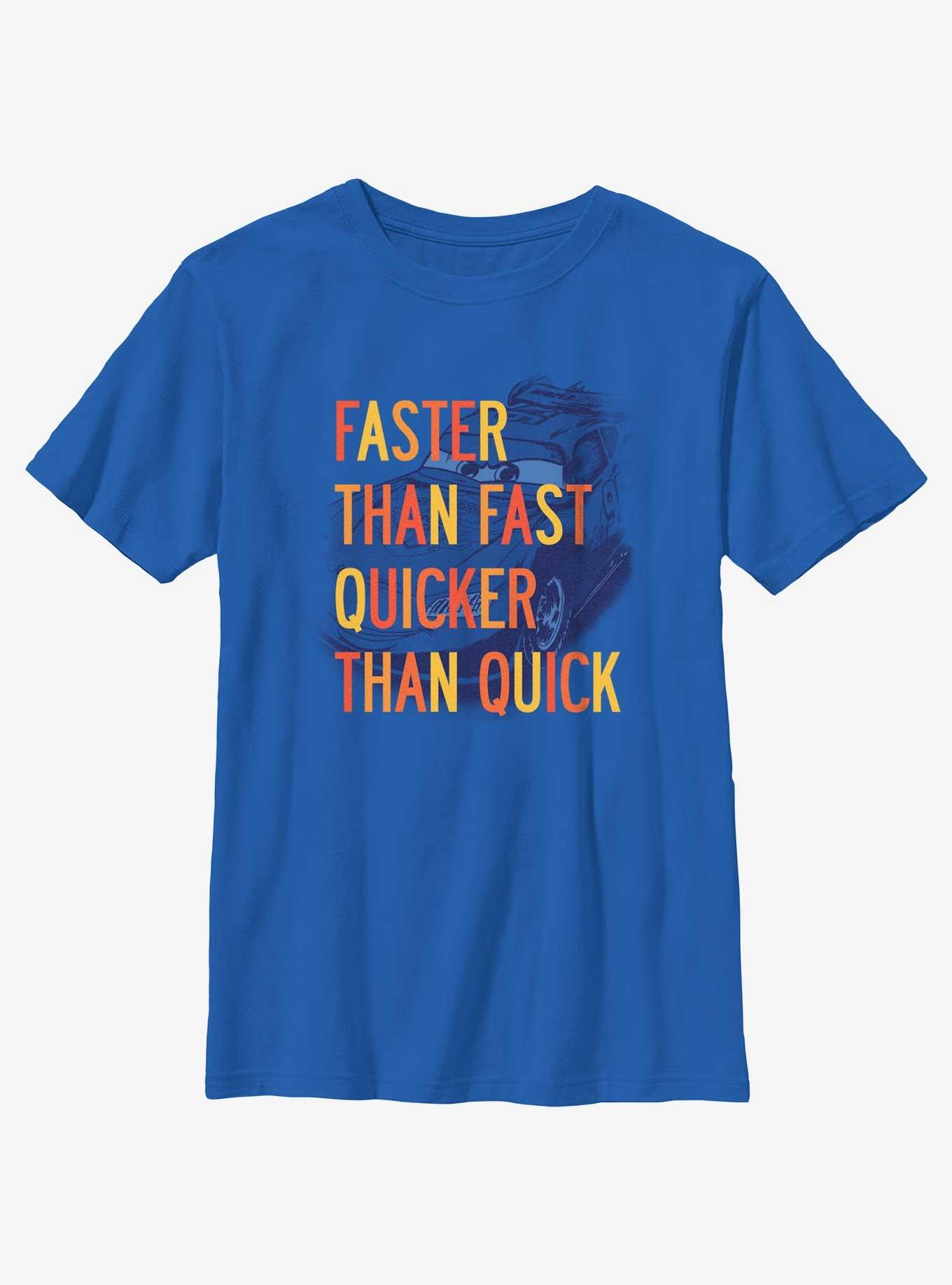 Disney Pixar Cars Faster Than Fast Quicker Than Quick Quote Youth T-Shirt, ROYAL, hi-res