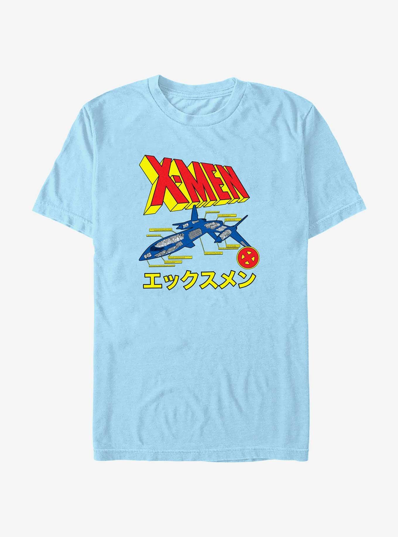 Marvel X-Men Plane Diagram Japanese Writing T-Shirt, LT BLUE, hi-res