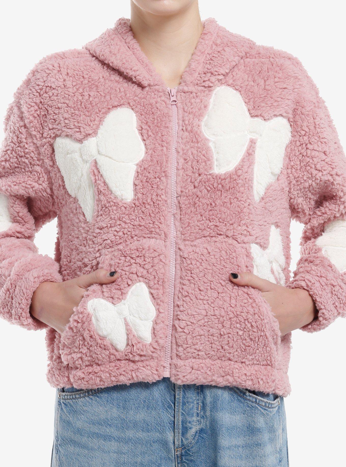 Pink & White Bow Sherpa Girls Hoodie, , hi-res