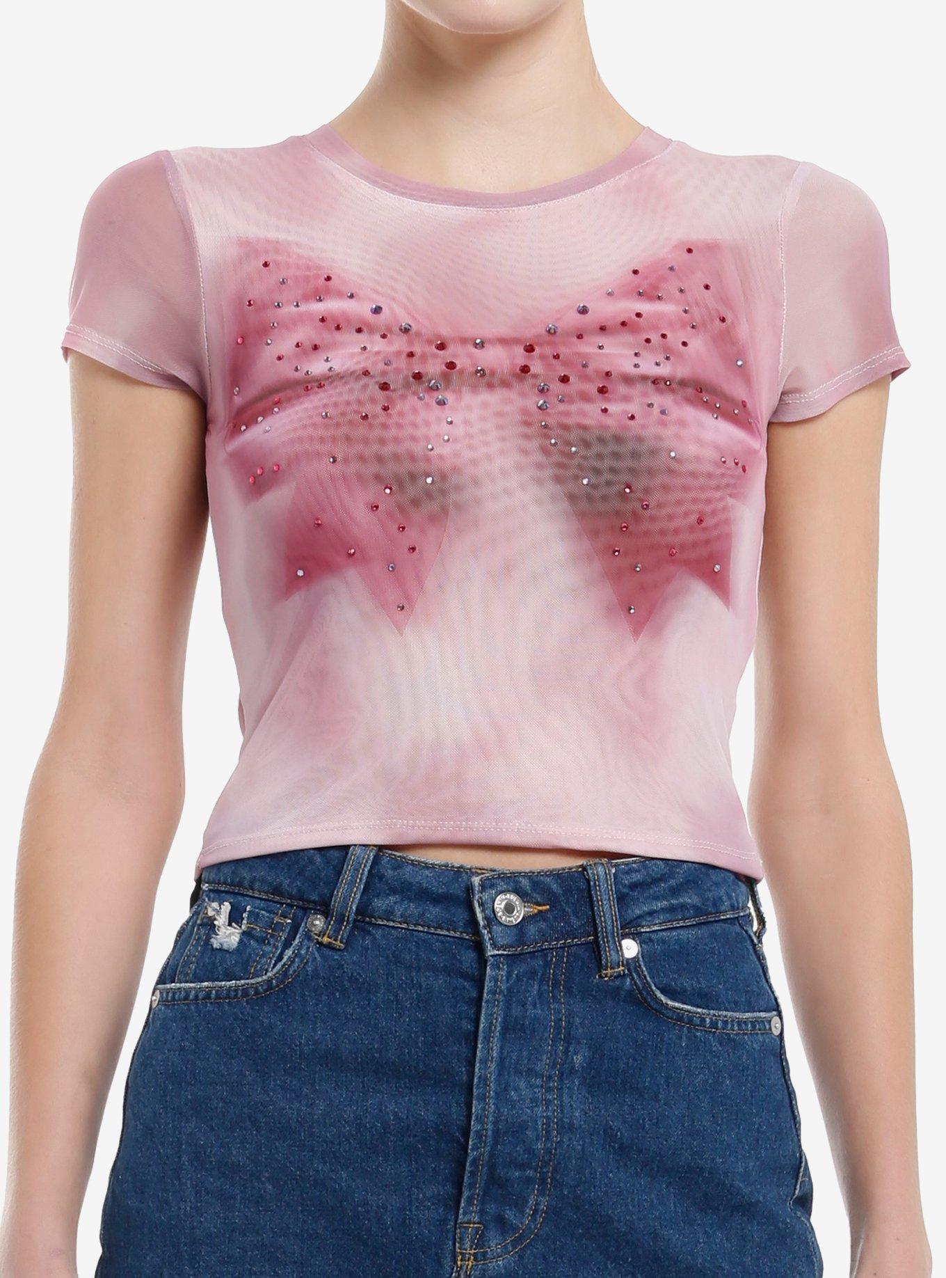 Pink Bow Rhinestone Mesh Girls Crop Top, , hi-res