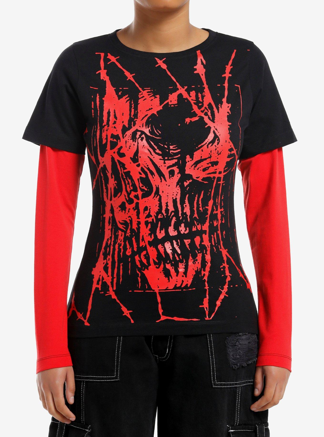 Social Collision Scratchy Skull Girls Twofer Long-Sleeve T-Shirt, , hi-res