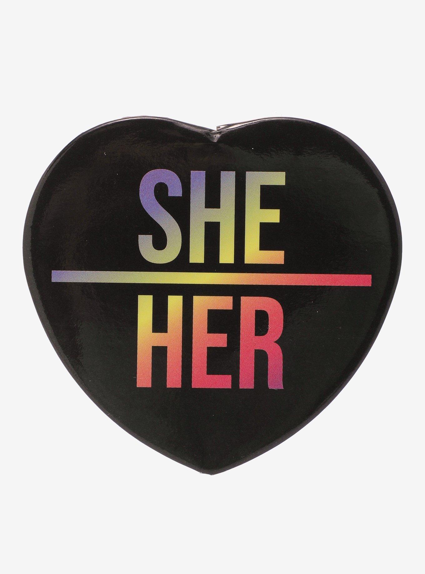 She/Her Pronoun Heart 3 Inch Button, , hi-res