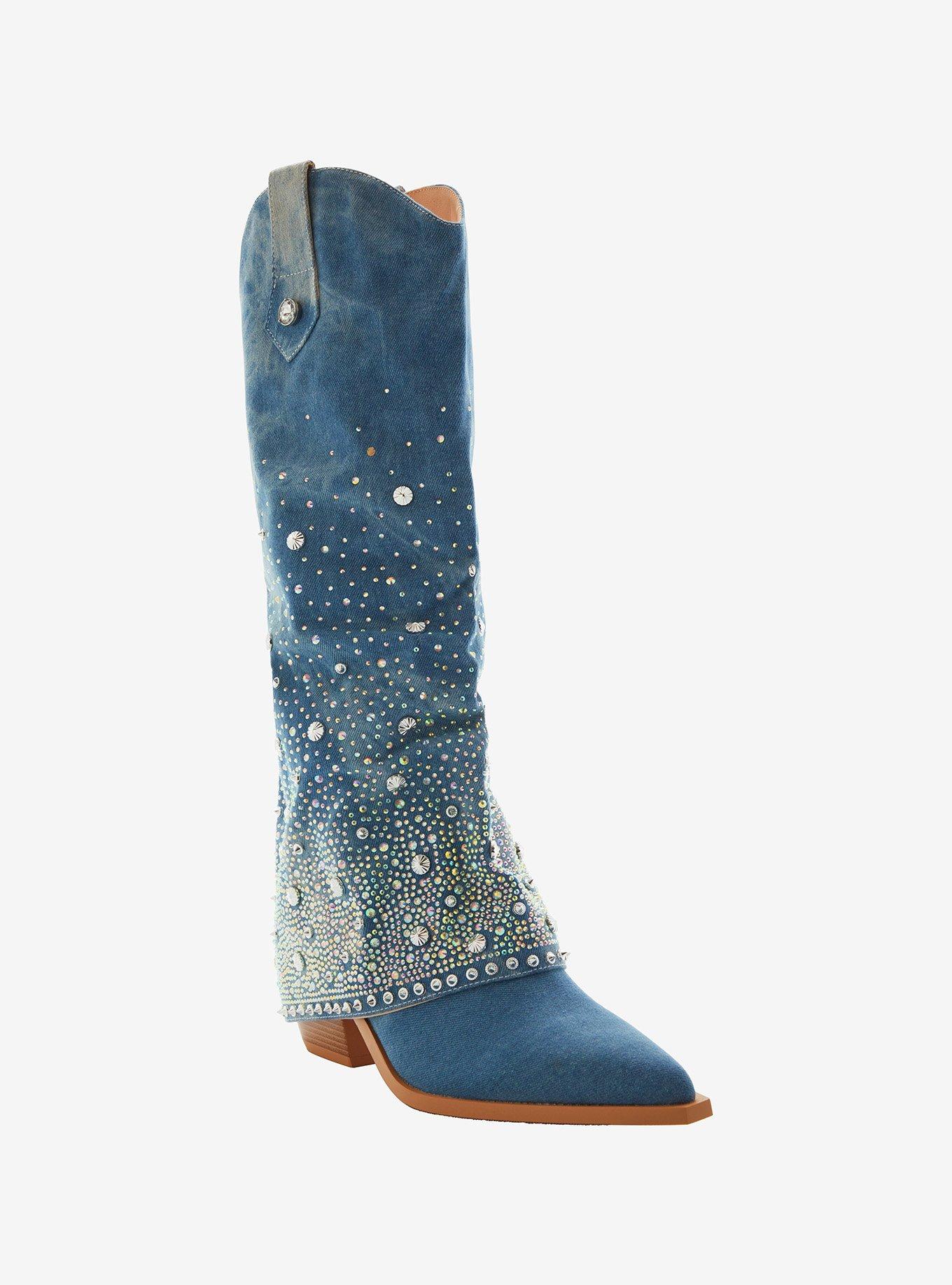 Azalea Wang Denim Bling Western Boots, MULTI, hi-res