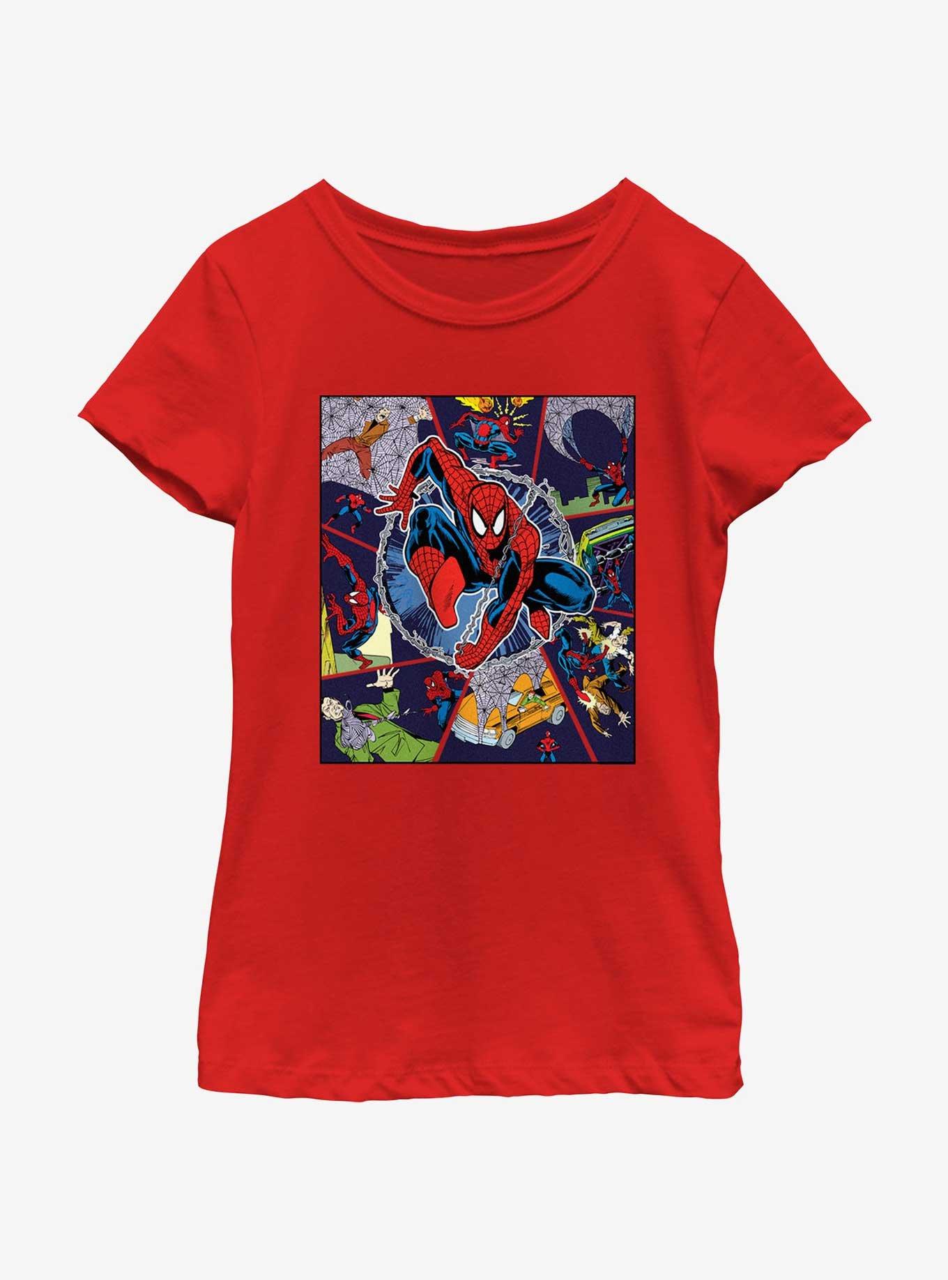 Marvel Spider-Man Comic Strip Collage Youth Girls T-Shirt, RED, hi-res