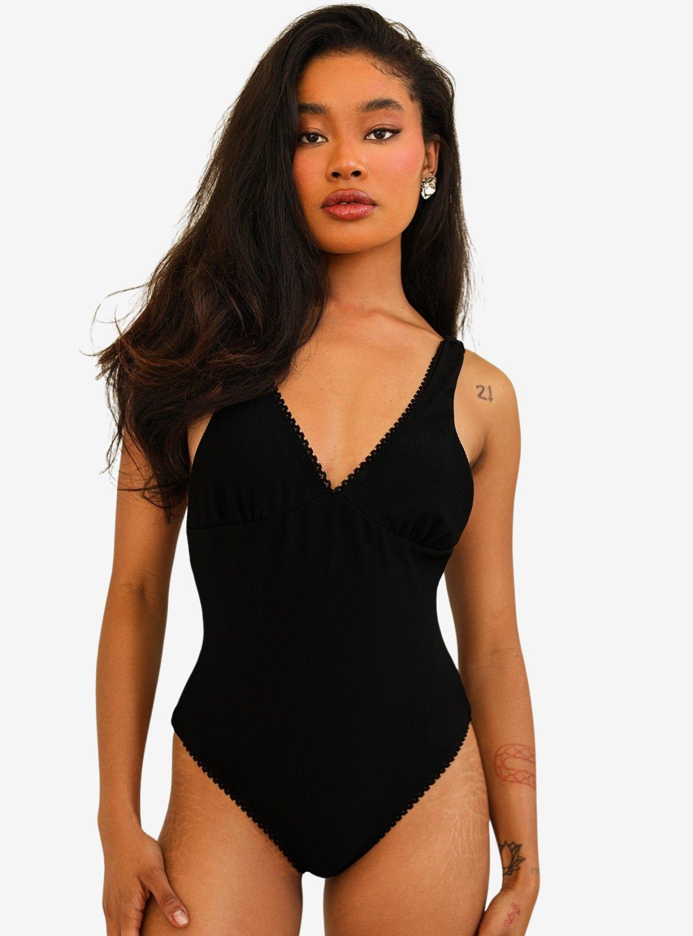 Dippin' Daisy's Hefner V Neck Ruffle Swim One Piece Black Rib, , hi-res