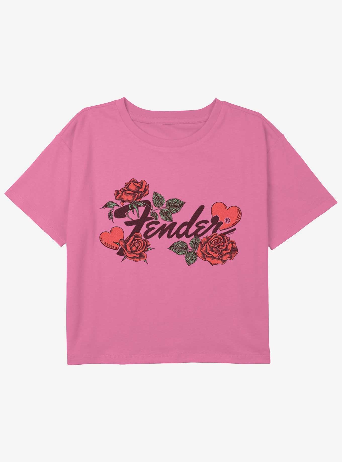 Fender Hearts & Roses Youth Girls Boxy Crop T-Shirt, PINK, hi-res