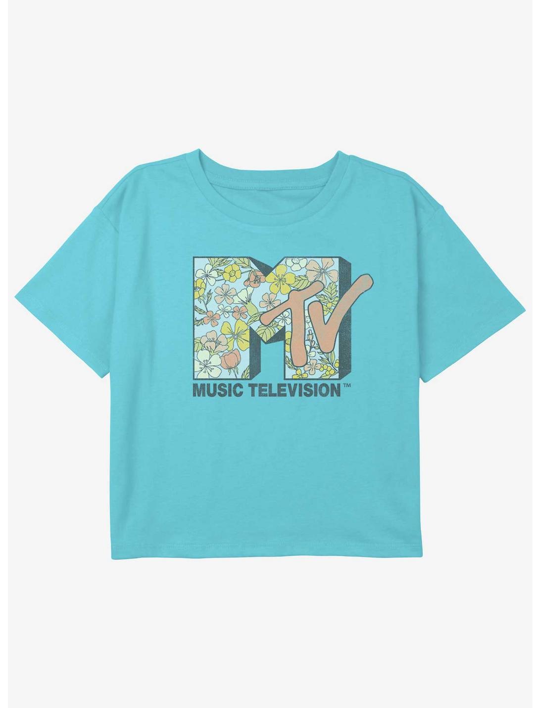 MTV Floral Logo Youth Girls Boxy Crop T-Shirt, BLUE, hi-res