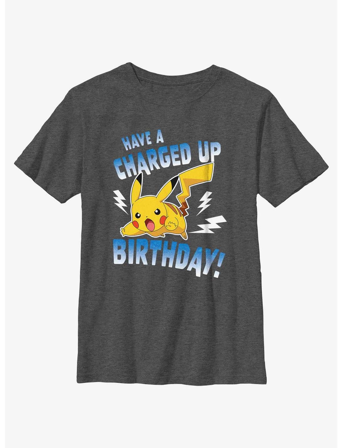 Pokemon Pikachu Have A Charged Up Birthday Youth T-Shirt, CHAR HTR, hi-res