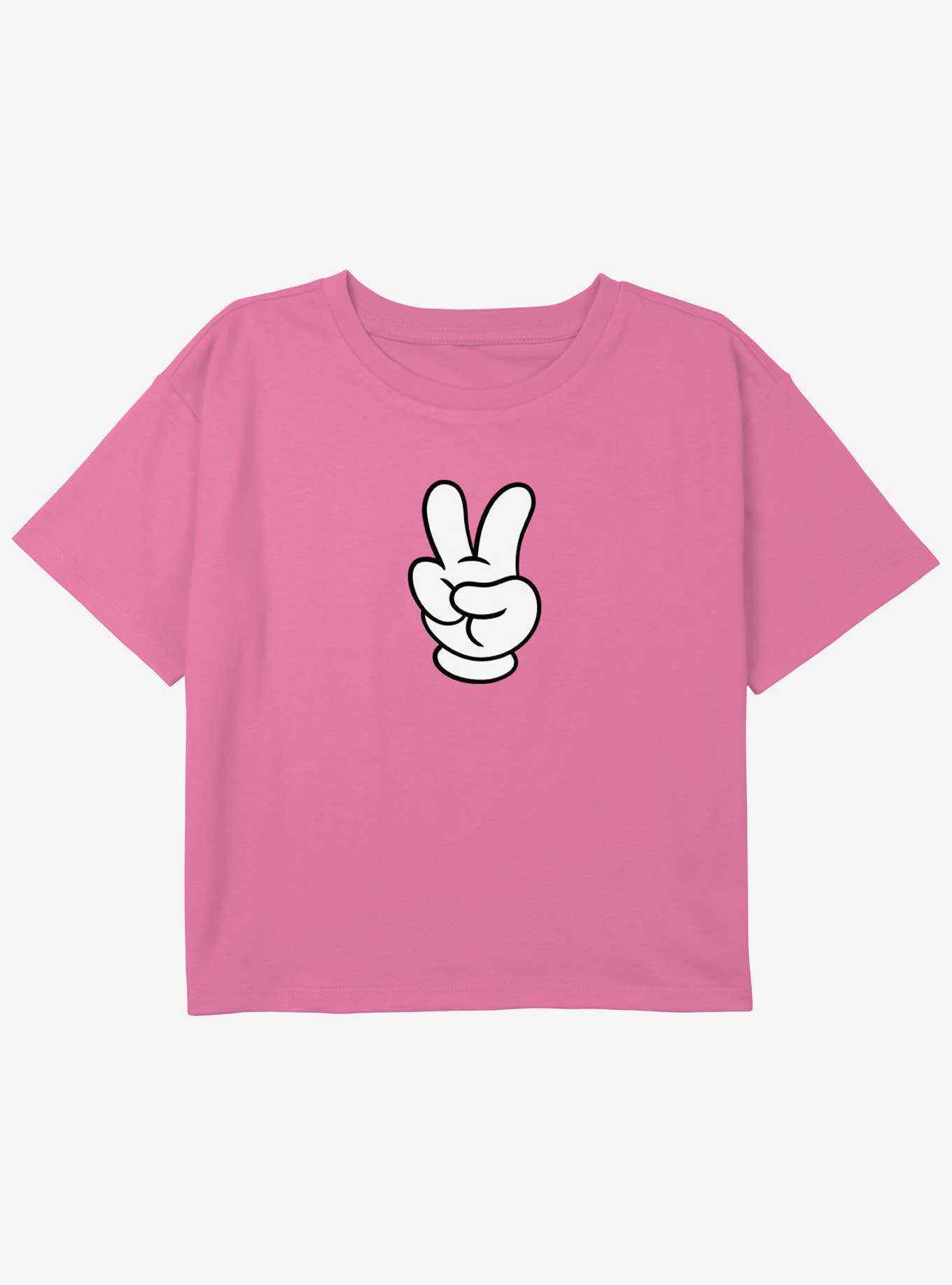 Disney Mickey Mouse Hand Peace Sign Youth Girls Boxy Crop T-Shirt, , hi-res