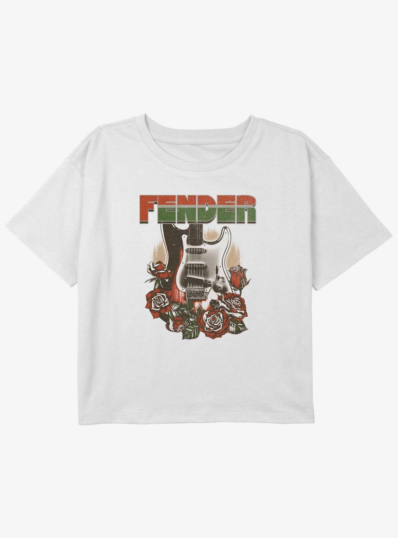 Fender Guitar Roses Logo Youth Girls Boxy Crop T-Shirt, WHITE, hi-res