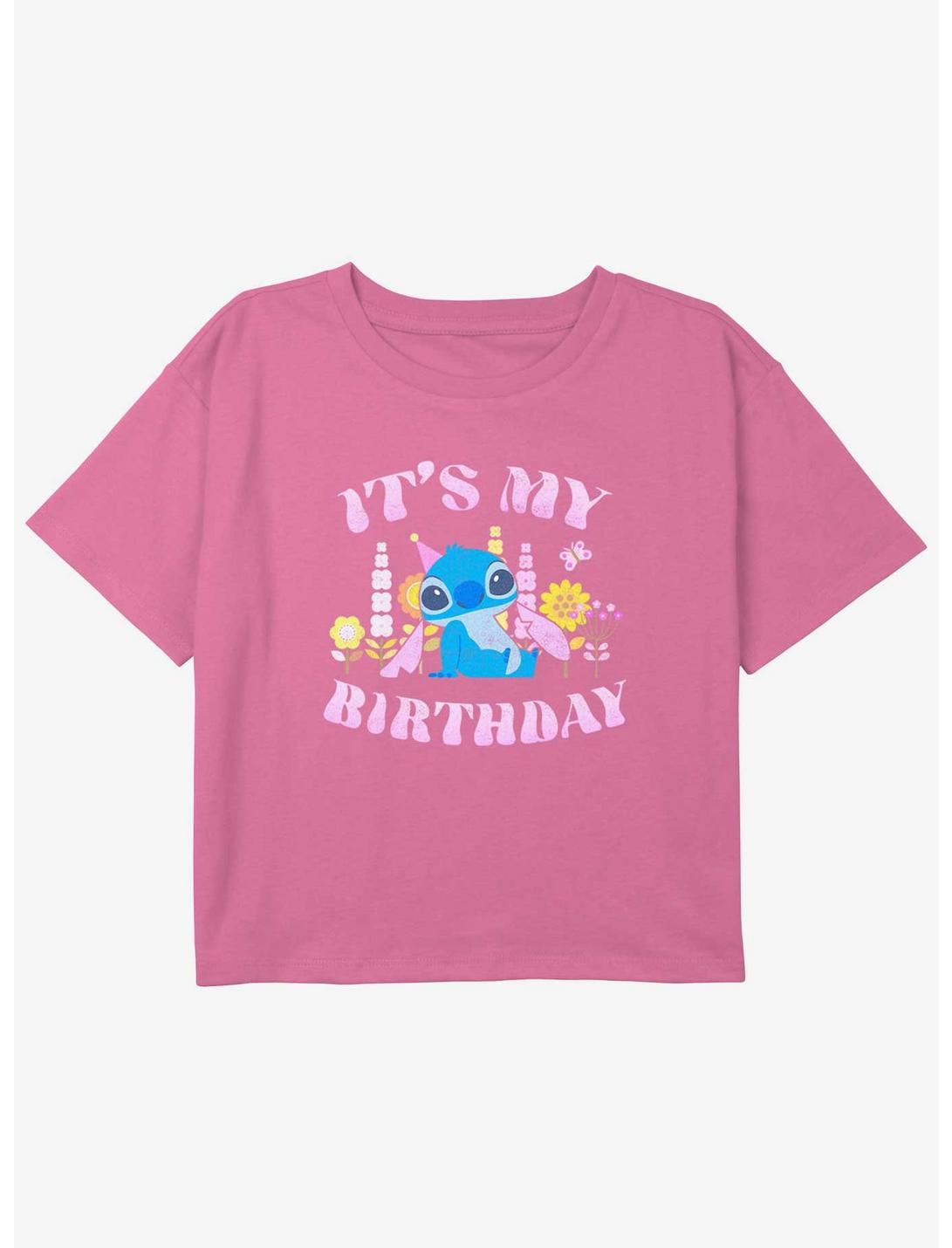 Disney Lilo & Stitch Girly Birthday Youth Girls Boxy Crop T-Shirt, PINK, hi-res