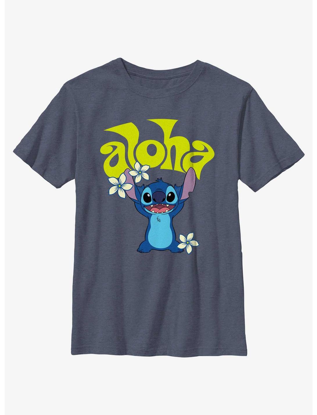 Disney Lilo & Stitch Aloha Stitch Flowers Youth T-Shirt, NAVY HTR, hi-res