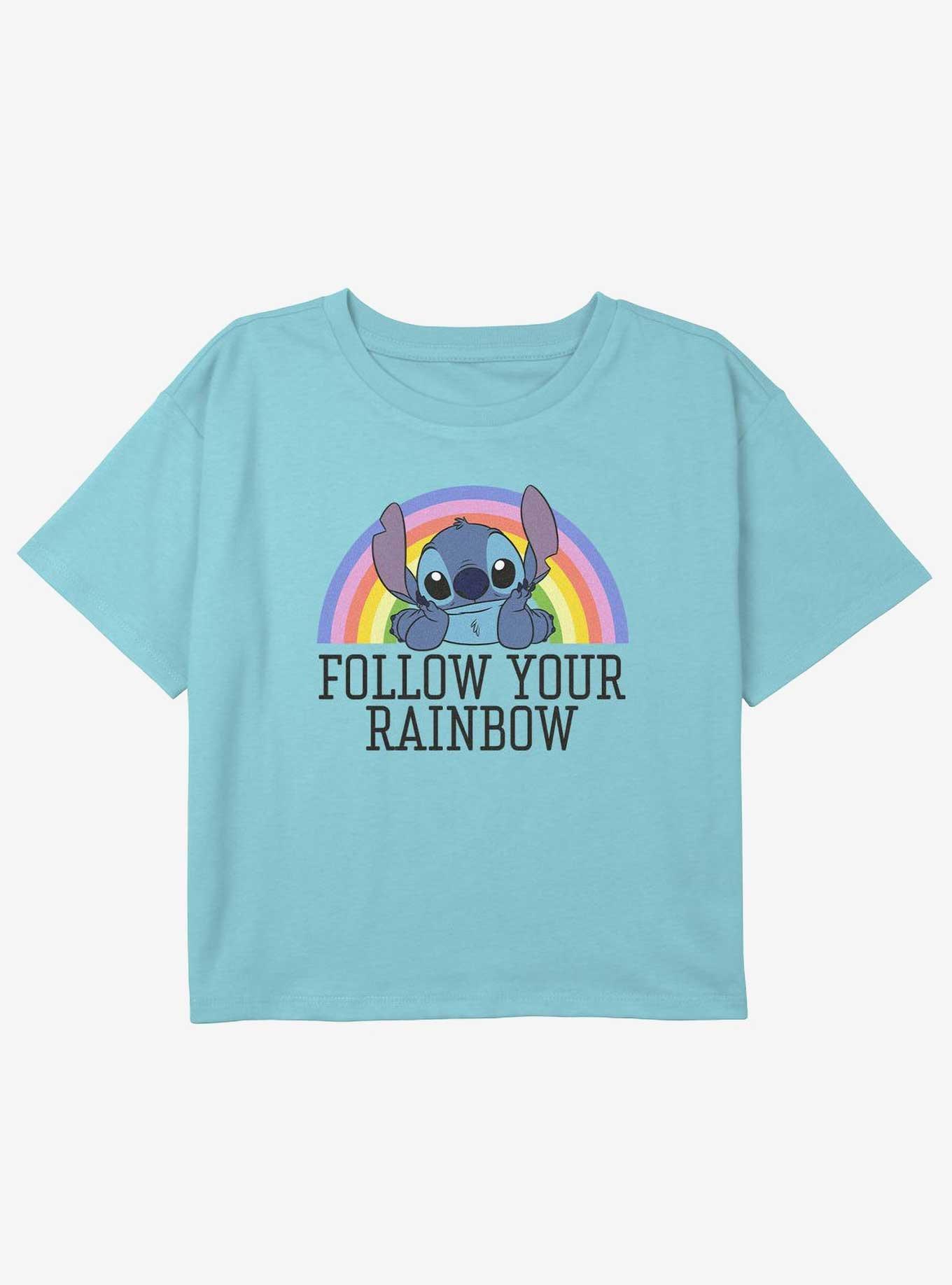 Disney Lilo & Stitch Rainbow Youth Girls Boxy Crop T-Shirt, BLUE, hi-res