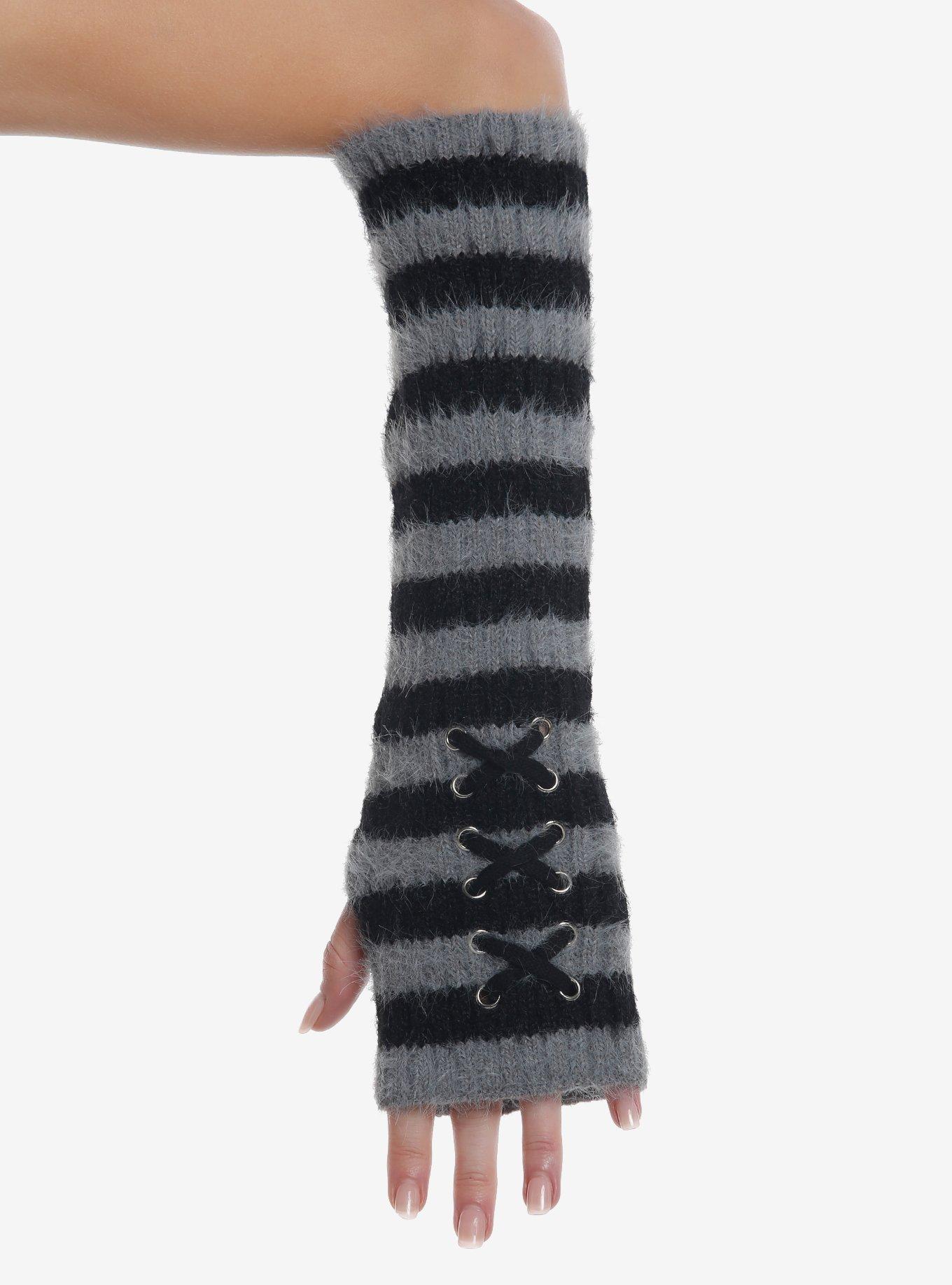 Black & Grey Stripe Lace-Up Fuzzy Arm Warmers, , hi-res