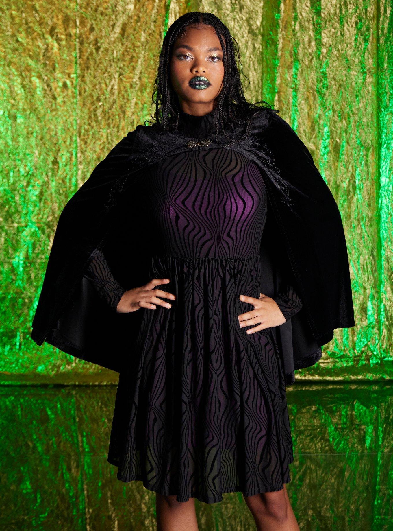 Wicked Elphaba Black Flocked Dress With Cape, BLACK, hi-res