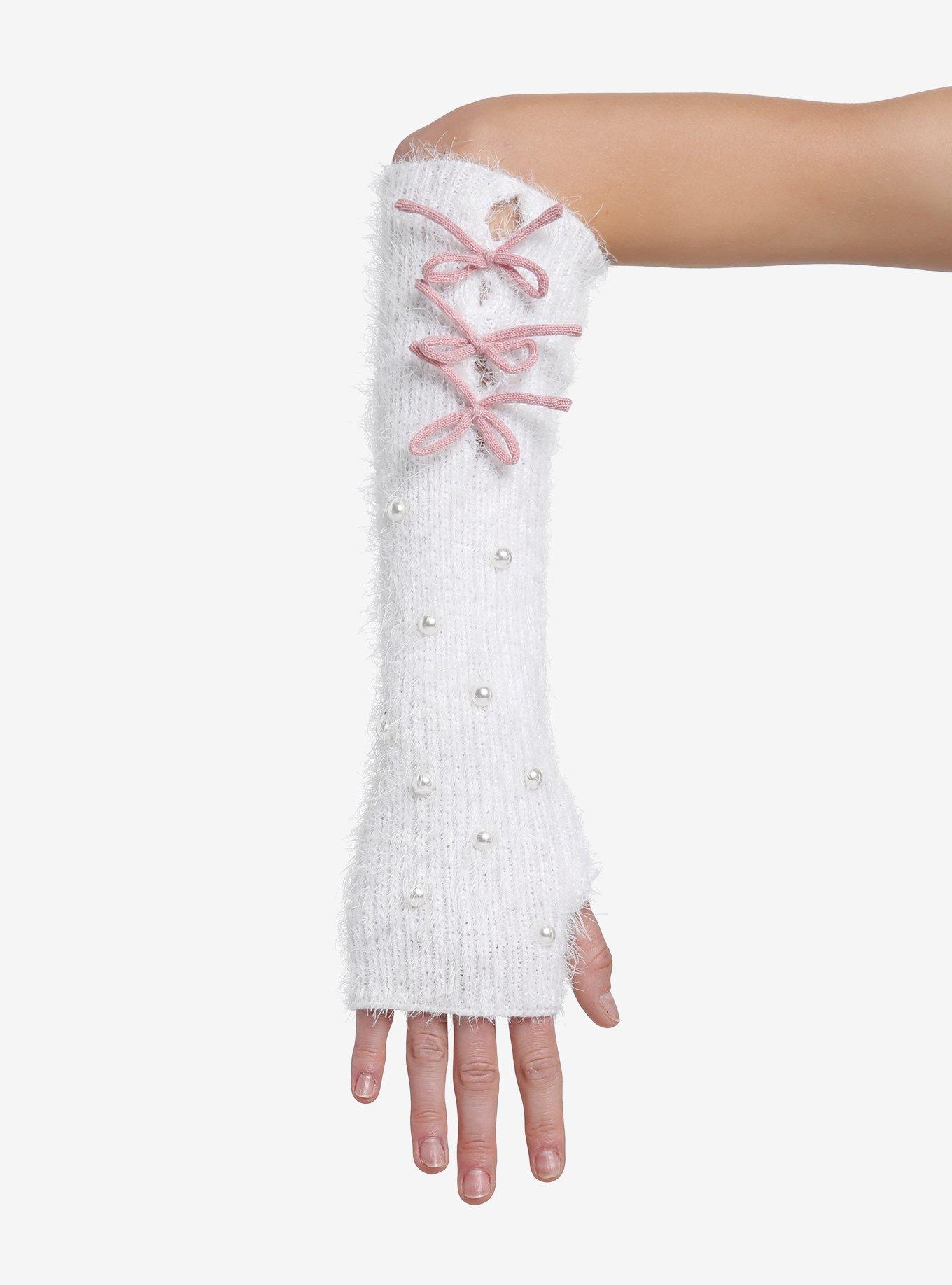 White Pearl Pink Bow Fuzzy Arm Warmers, , hi-res