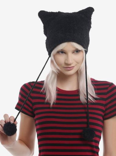 Fuzzy Black Cat Ear Pom Tassel Beanie | Hot Topic