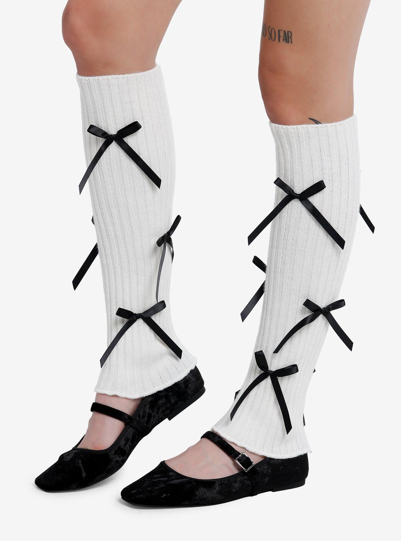 Cream Black Bow Ribbed Leg Warmers, , hi-res