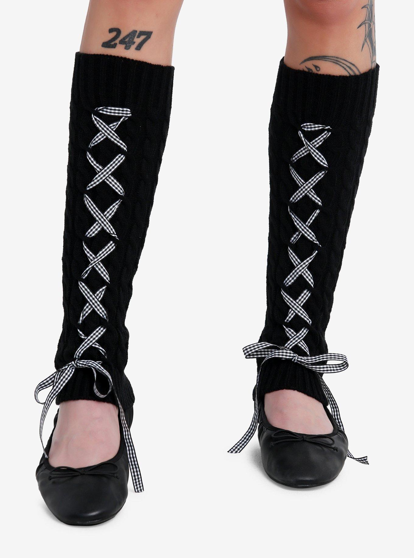 Black Gingham Lace-Up Ribbon Leg Warmers, , hi-res