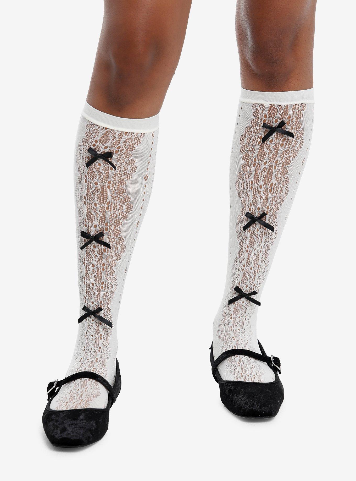 Cream Pointelle Black Bow Knee-High Socks, , hi-res