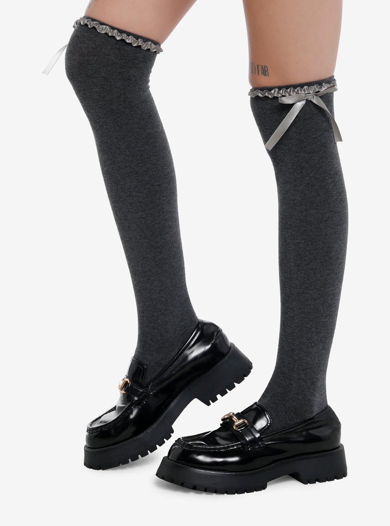 Grey Ruffle Bow Knee High Socks