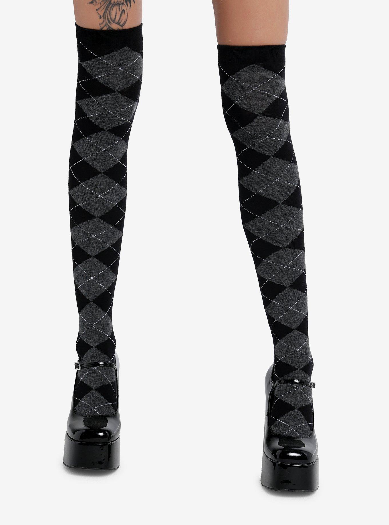 Black & Grey Argyle Knee-High Socks, , hi-res
