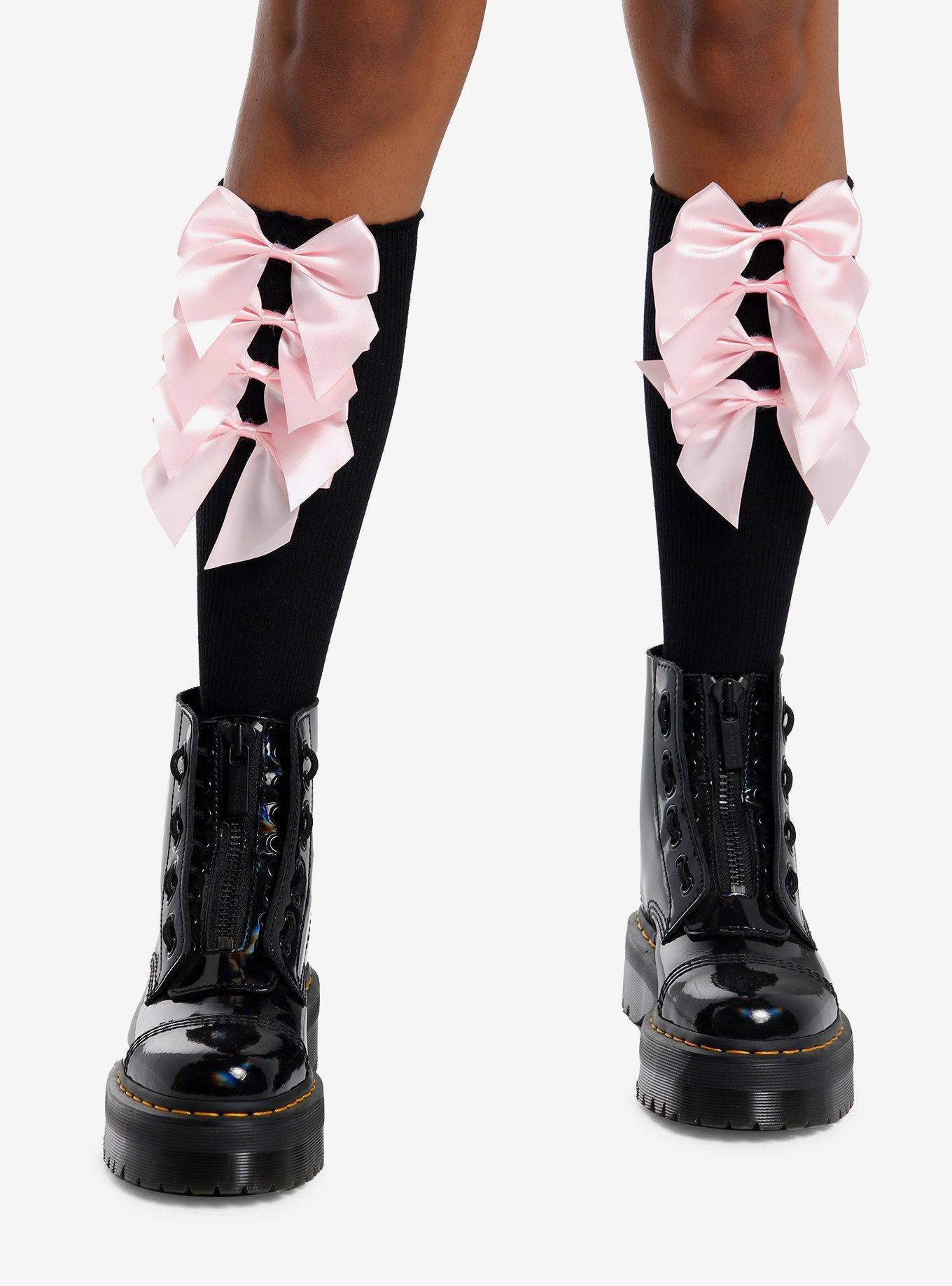 Black & Pink Bow Knee-High Socks, , hi-res