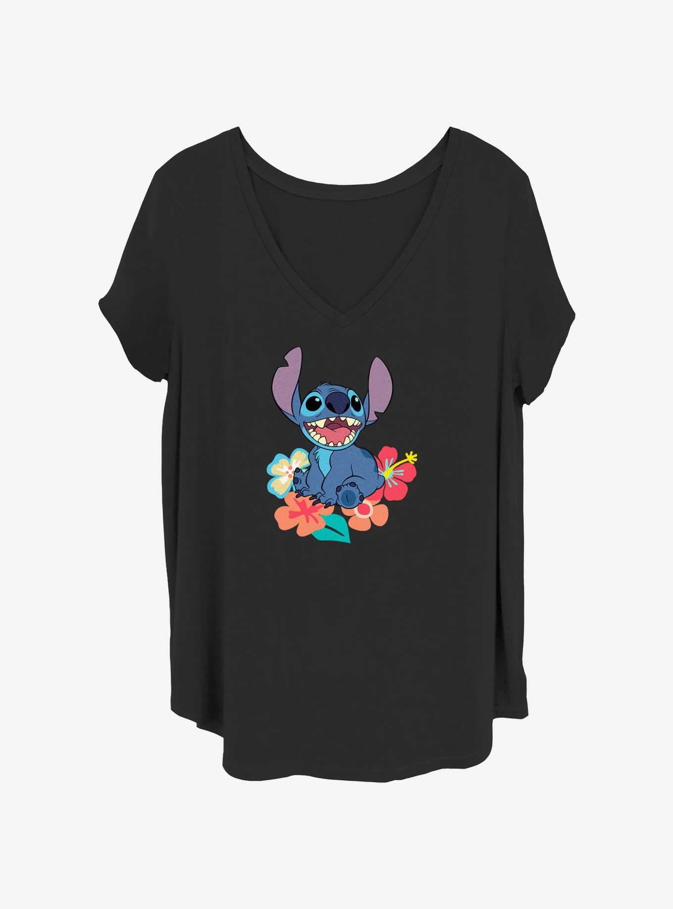 Disney Lilo & Stitch Happy Stitch Floral Sit Womens T-Shirt Plus Size, , hi-res