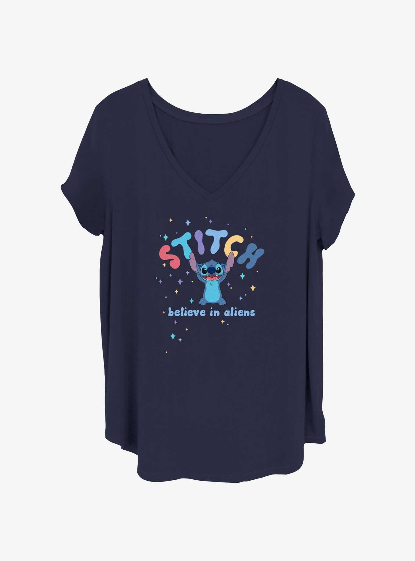 Disney Lilo & Stitch Believe In Aliens Womens T-Shirt Plus Size, NAVY, hi-res