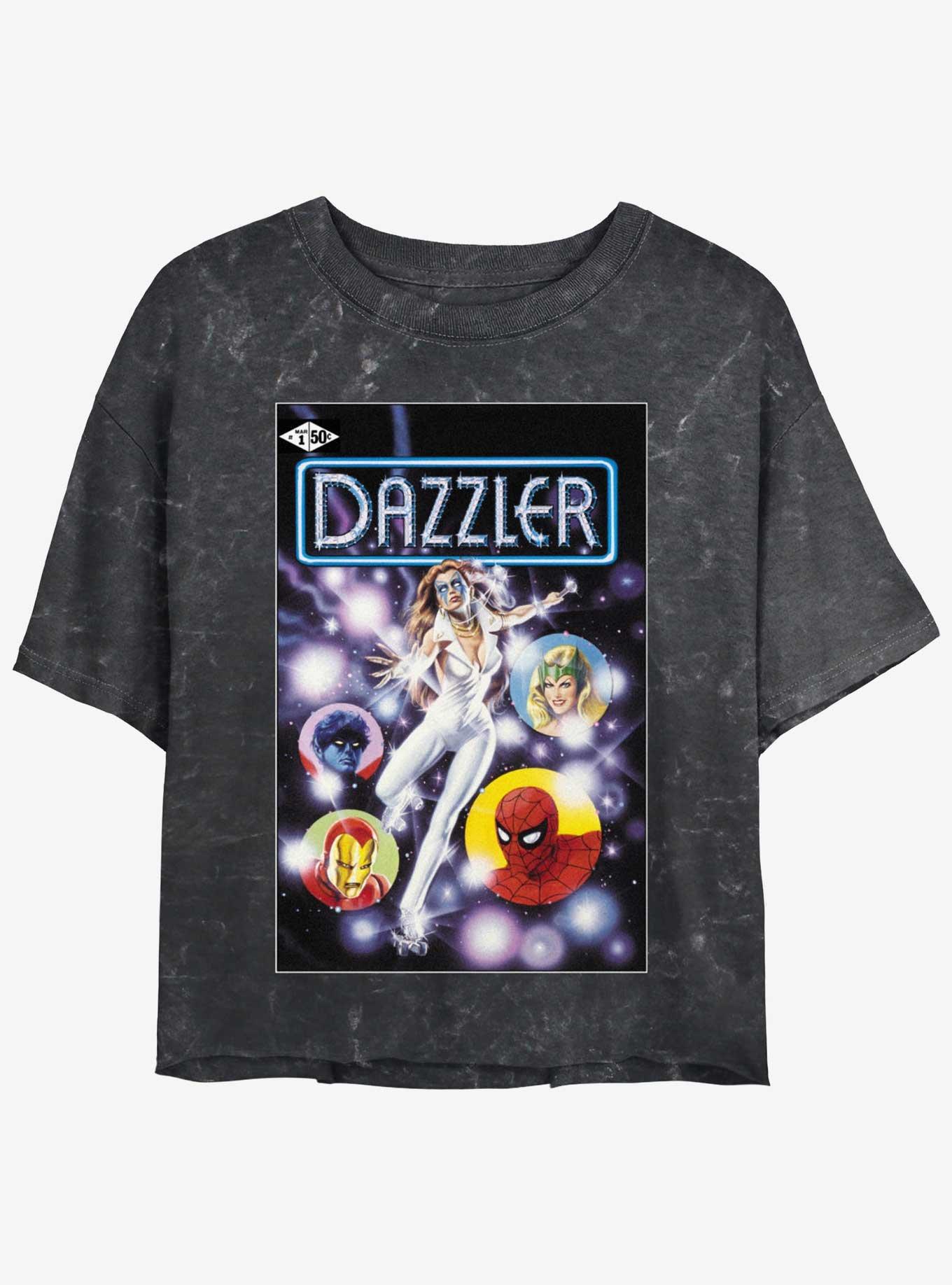 Marvel Dazzler Classic Comic Cover Group Girls Mineral Wash Crop T-Shirt, BLACK, hi-res