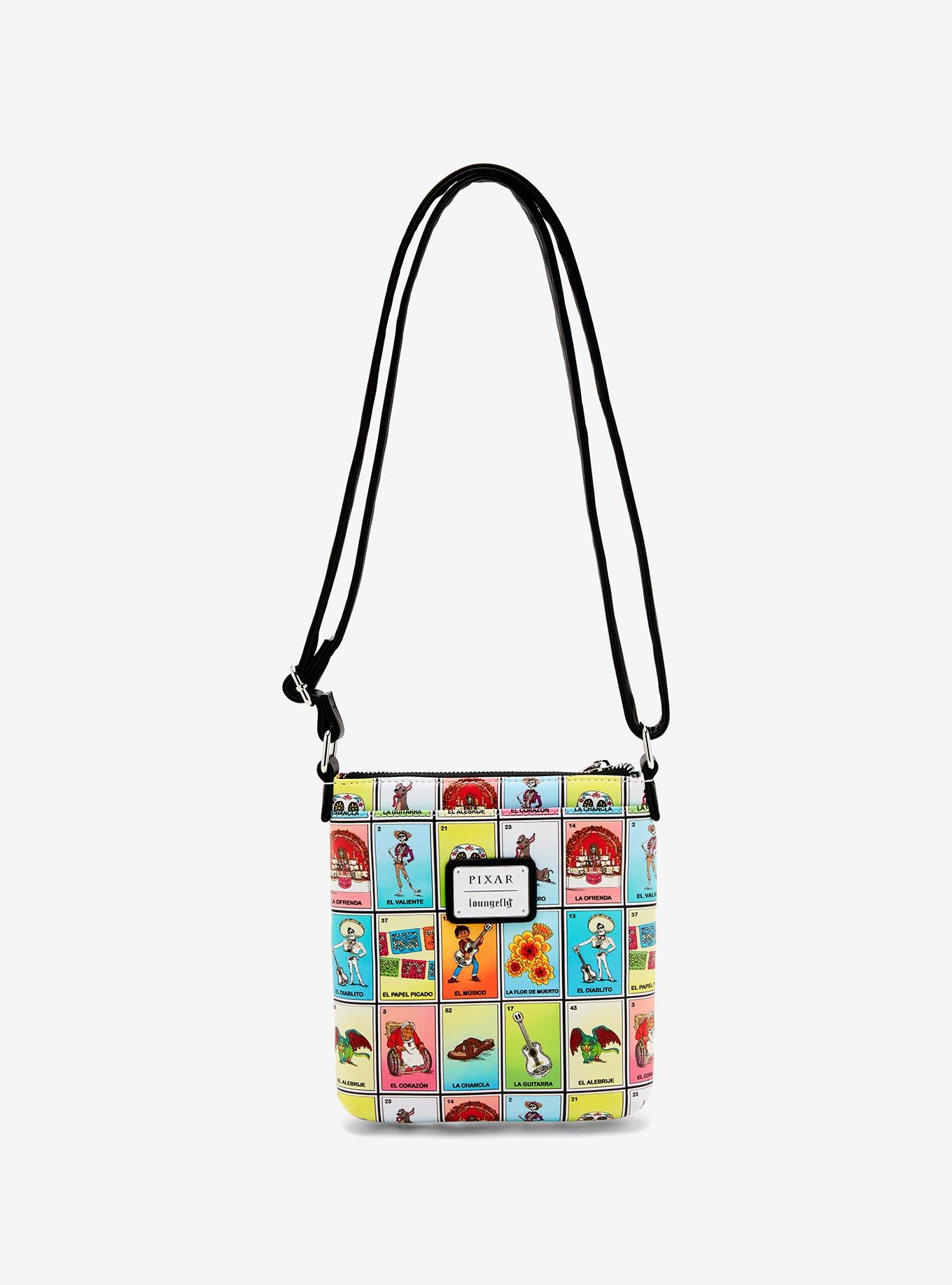 Loungefly Disney Pixar Coco Character Lotería Cards Allover Print Crossbody Bag - BoxLunch Exclusive, , hi-res