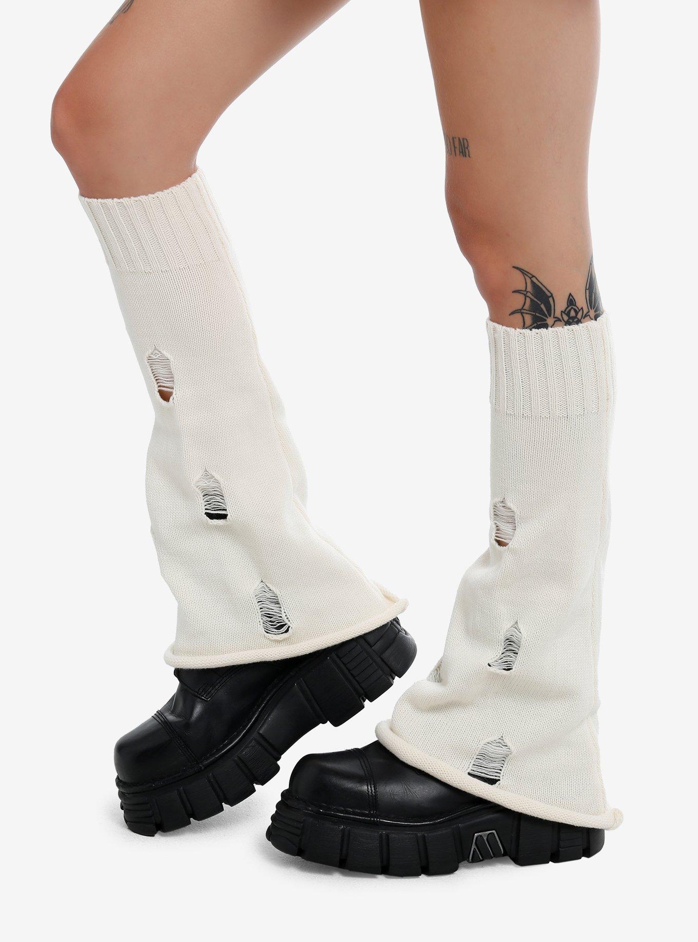 Cream Distressed Flared Leg Warmers, , hi-res