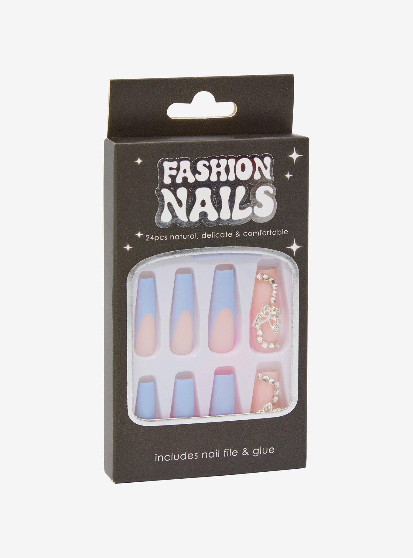 Blue & Pink Butterfly Bling Faux Nail Set, , hi-res