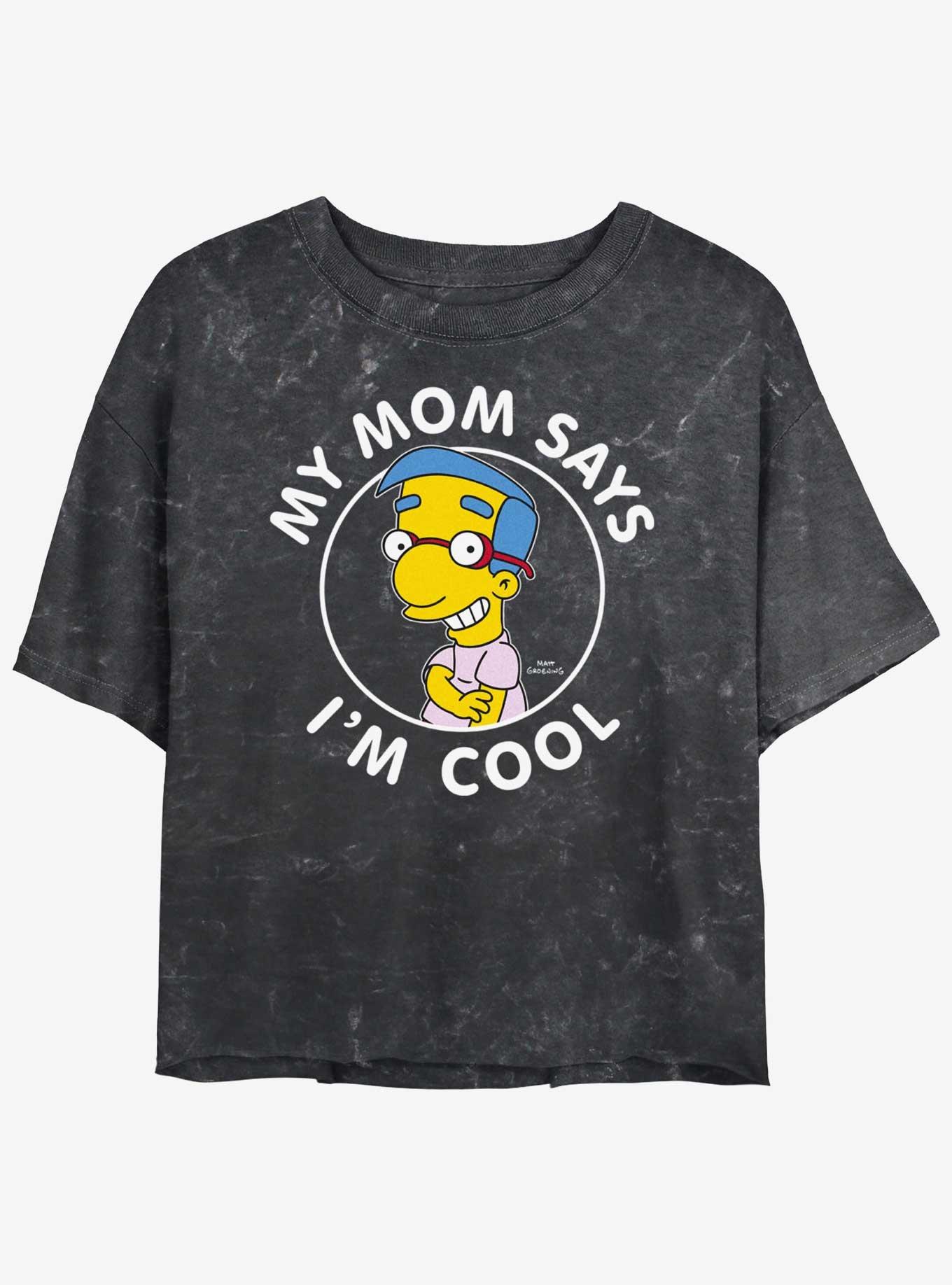 The Simpsons My Mom Thinks I'm Cool Girls Mineral Wash Crop T-Shirt, BLACK, hi-res
