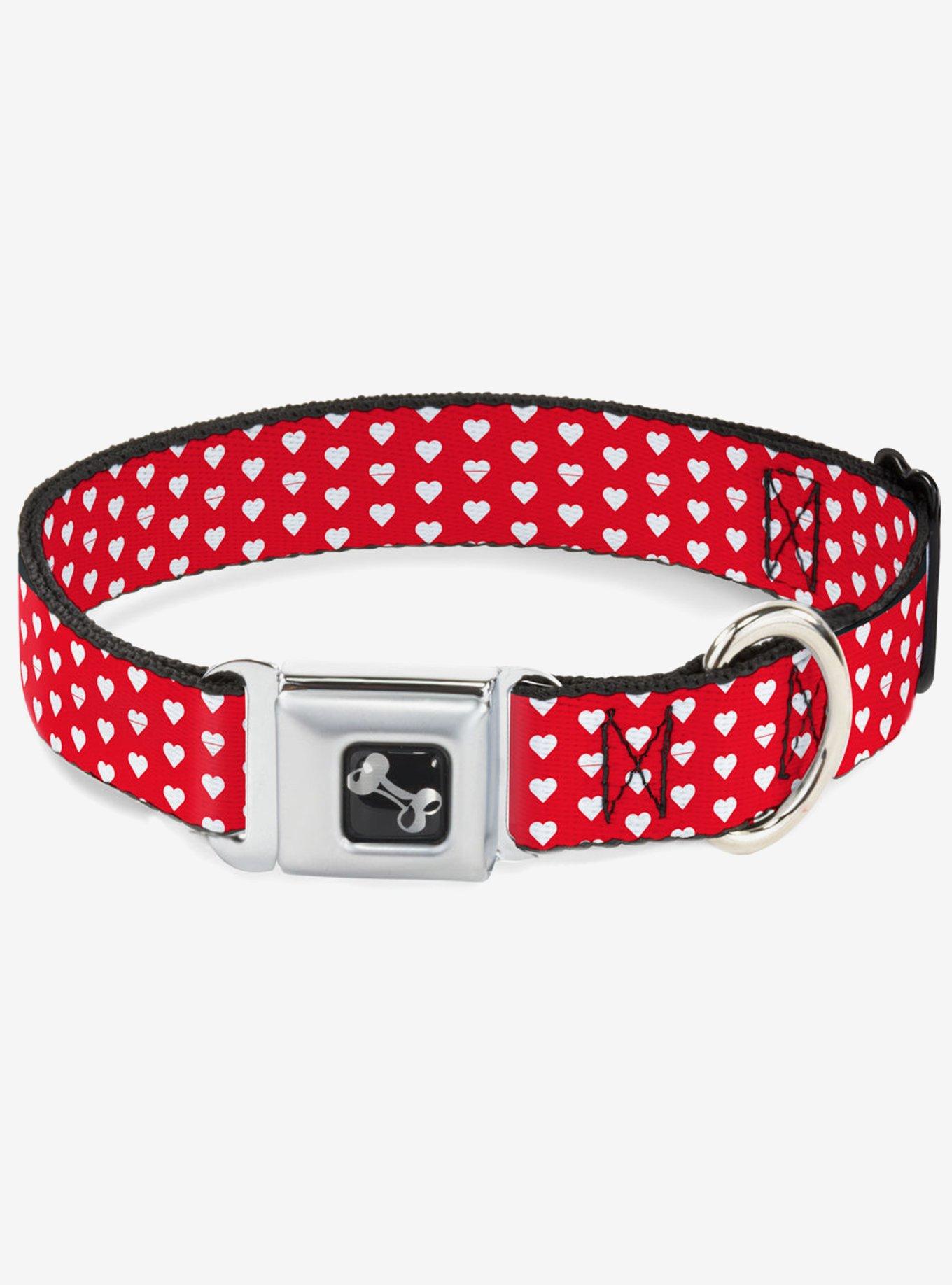 Mini Hearts Monogram Red White Seatbelt Buckle Dog Collar, RED, hi-res
