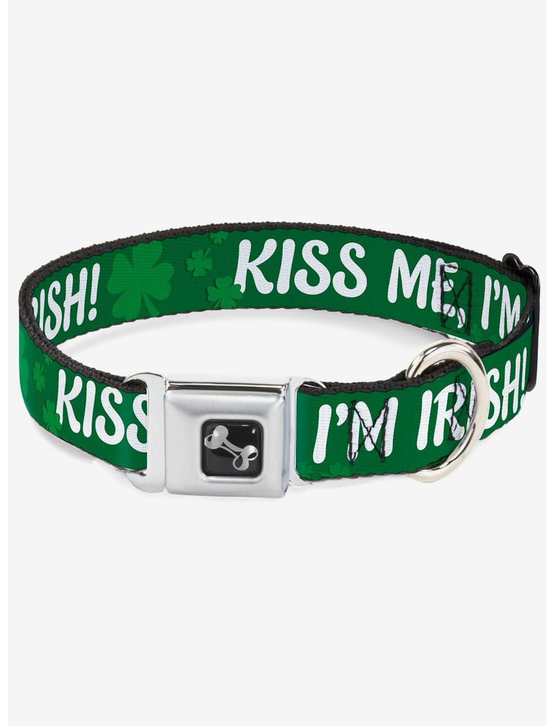 Kiss Me I'm Irish Clovers Seatbelt Buckle Dog Collar, GREEN, hi-res