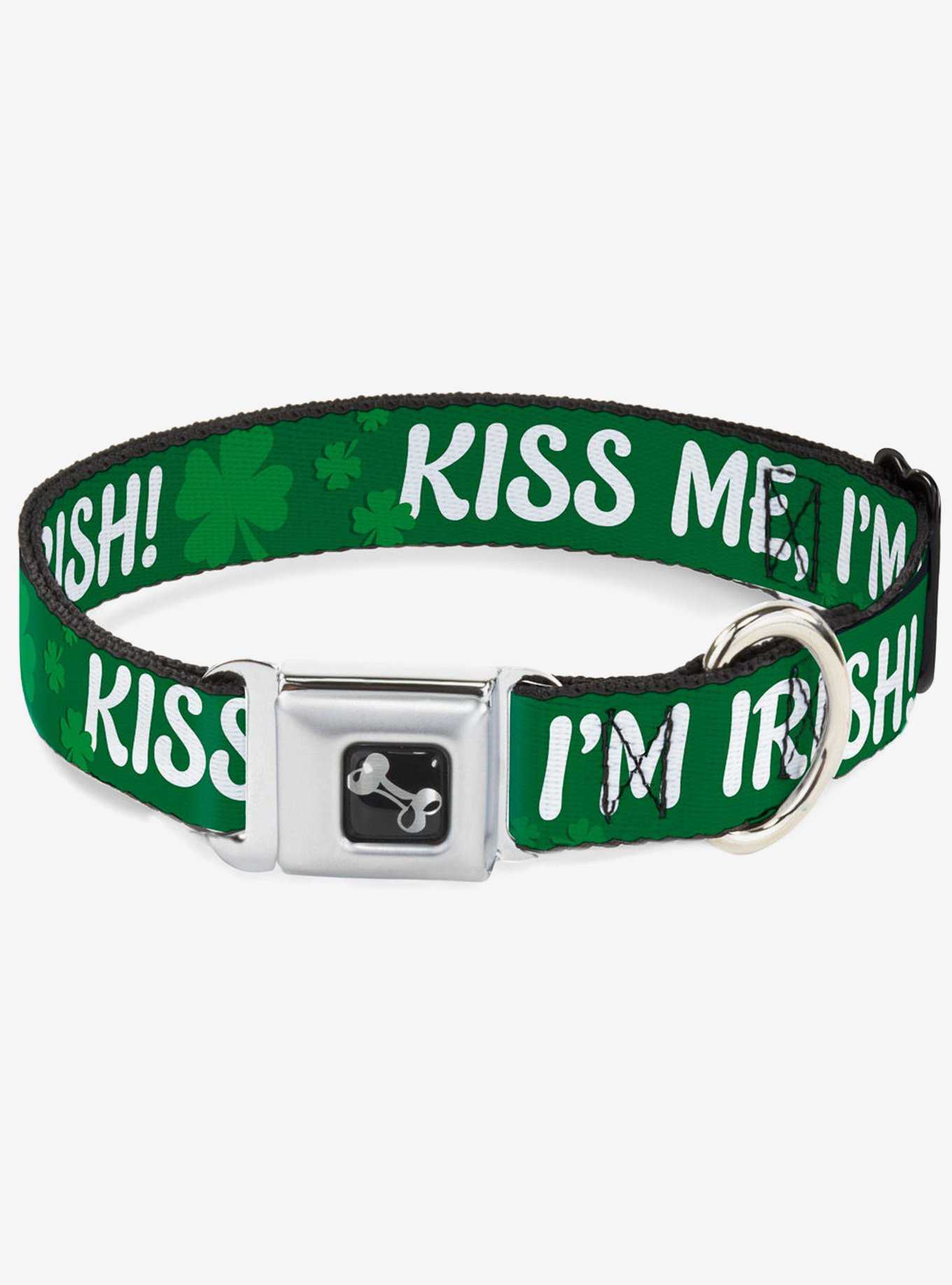 Kiss Me I'm Irish Clovers Seatbelt Buckle Dog Collar, , hi-res