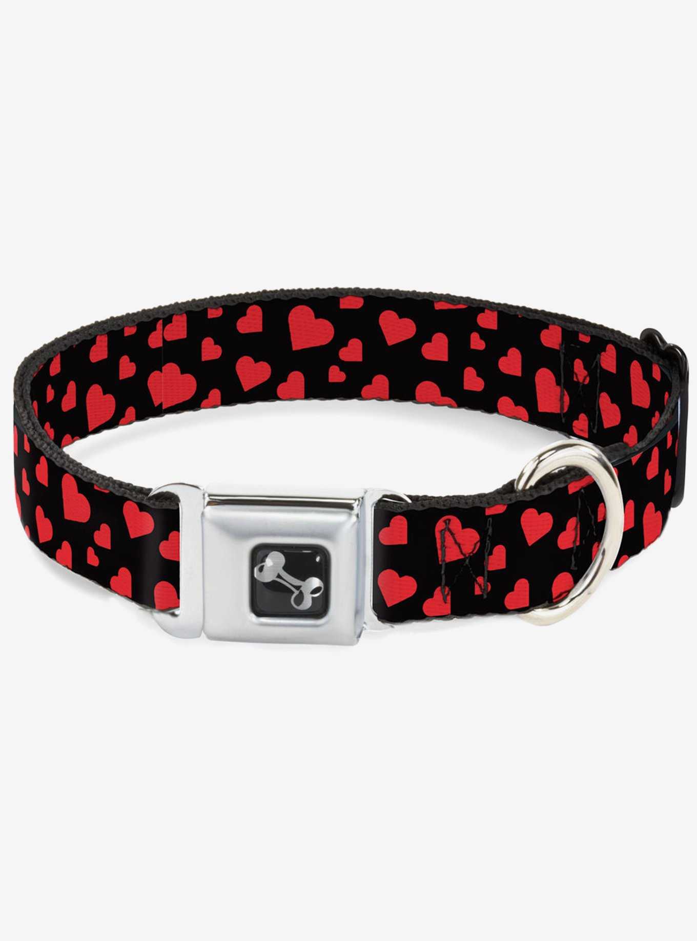 Hearts Scattered Black Red Seatbelt Buckle Dog Collar, , hi-res