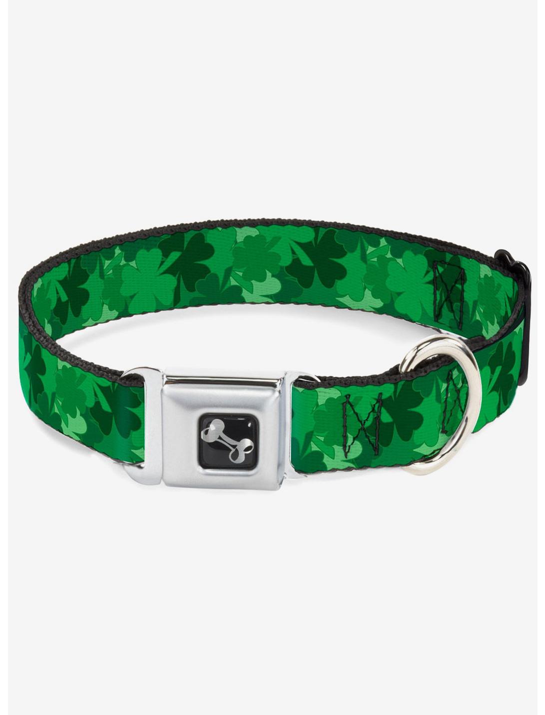 St. Patrick's Day Stacked Shamrocks Green Seatbelt Buckle Dog Collar, GREEN, hi-res