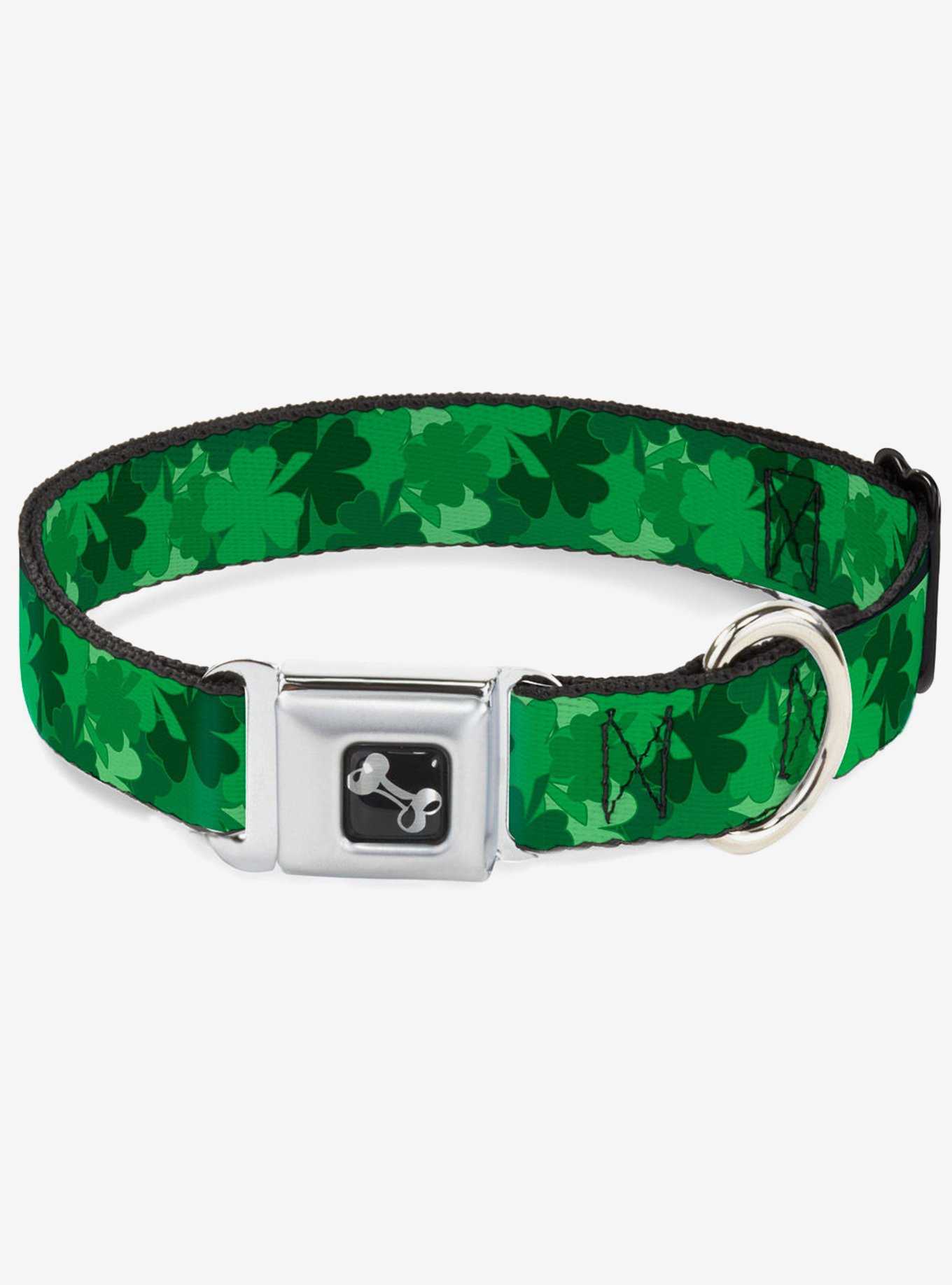 St. Patrick's Day Stacked Shamrocks Green Seatbelt Buckle Dog Collar, , hi-res